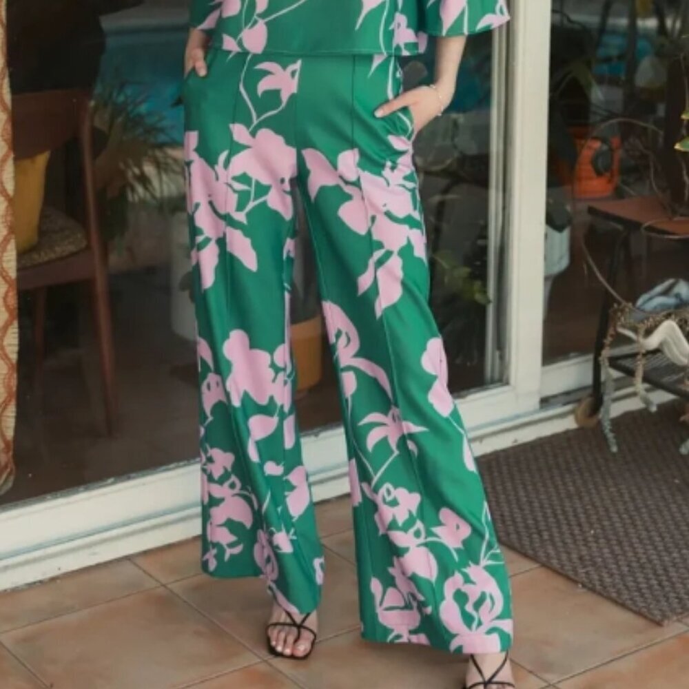 Mac Duggal NWT Green Printed Crepe Wide-Leg Trousers | Size XS - Picture 4 of 6
